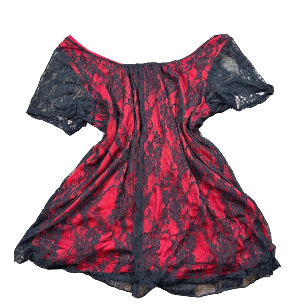 Gothic Witchy European Red Black Floral Lace Top Short Sleeve Scoop Neck